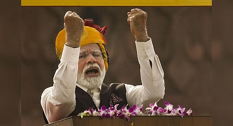PM Narendra Modi addresses the nation from the historic Red Fort on the occasion of the 77th Independence Day, in New Delhi, Tuesday, Aug. 15, 2023. (Photo | PTI)