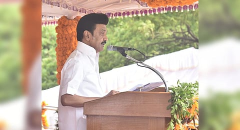 Tamil Nadu Chief Minister MK Stalin during his Independence Day addresses at Fort St George in Chennai, on Tuesday, Aug 15, 2023. (Photo | P Jawahar, EPS)