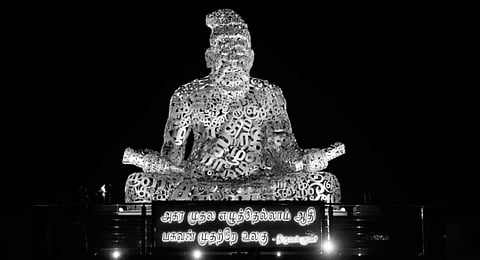 Thirualluvar statue made using 1,330 stainless steel Tamil letters installed at Kurichi in Coimbatore | EXPRESS