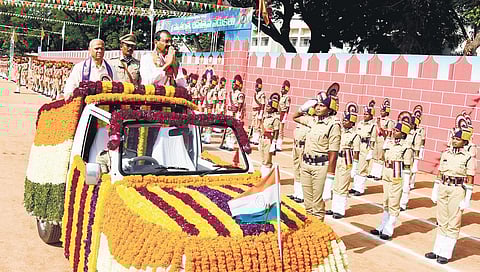 TTD chairman Bhumana Karunakar Reddy and EO Dharma Reddy receiving a guard of honour after hoisting national flag in Tirupati on Tuesday I Madhav K