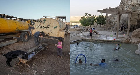 (L) Palestinian Bedouins drink water from a cistern in the Jordan Valley. (R) Israeli children swim in a pool at a Jewish settlement in the Jordan Valley. (Photo | AP)