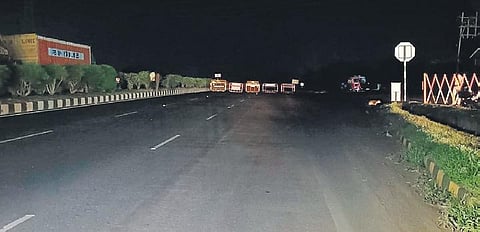 A stretch of NH 4 near Dharwad was closed for traffic on Wednesday evening after a gas tanker hit an underpass near Mummigatti | KPN