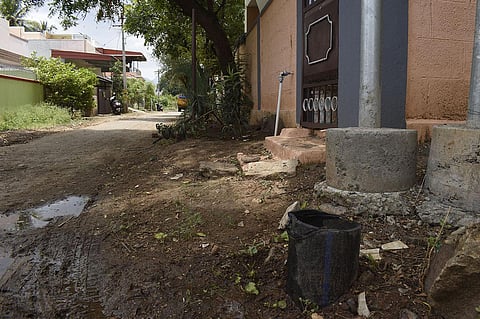 Road damaged during pipeline work awaits repair in Thudiyalur. (Photo | S Senbagapandiyan)