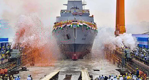 Vindhyagiri, the sixth ship of project 17A of Indian Navy, during its launch ceremony at Garden Reach Shipbuilders Engineers Limited, in Kolkata. (Photo | PTI)
