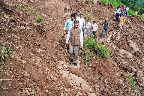 Himachal Pradesh Chief Minister Sukhvinder Singh Sukhu during his visit to rain-affected areas, in Mandi district, on Aug. 17, 2023. (PTI)