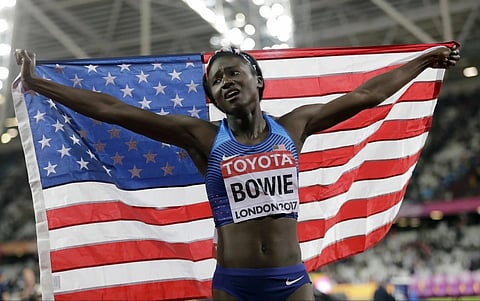 Tori Bowie celebrates after winning the gold medal in the Women's 100m final during the World Athletics Championships in London, Aug 6, 2017. (File Photo | AP)