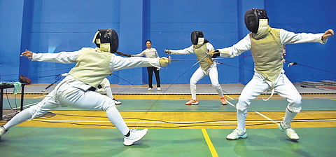 Manipur fencers during a training session at the Jawaharlal Nehru Indoor Stadium, Chennai on Friday . (Photo | P Ravikumar, EPS)