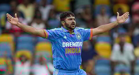 Shardul Thakur celebrates the dismissal LBW of West Indies' Brandon King during the second ODI cricket match at Kensington Oval.(Photo | AP)
