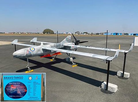 Indigenous tactical drone ‘Tango Bravo’ is on display at the Aero India 2023, in Bengaluru on Monday.