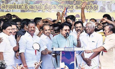 TTV Dhinakaran with O Panneerselvam at a protest in Theni | Express