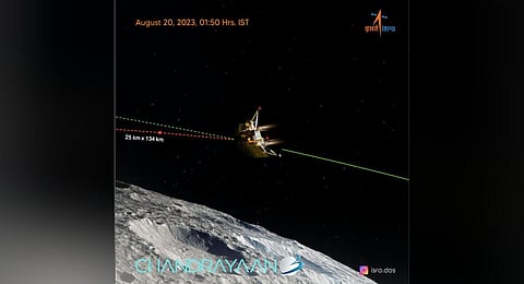 An illustration showing ISRO's 'Chandrayaan-3' after the orbit of Landing Module (LM) was successfully reduced to 25 km x 134 km. (PTI Photo)