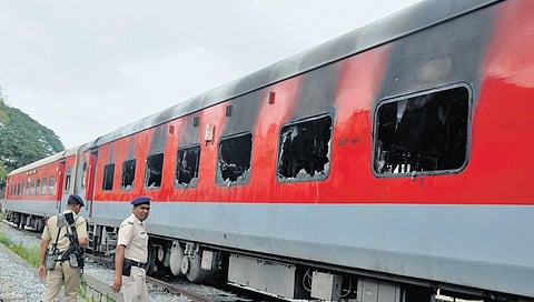 The charred B1 coach of the Mumbai-Bengaluru Udyan Express at KSR City Railway Station in Bengaluru on Saturday | Express