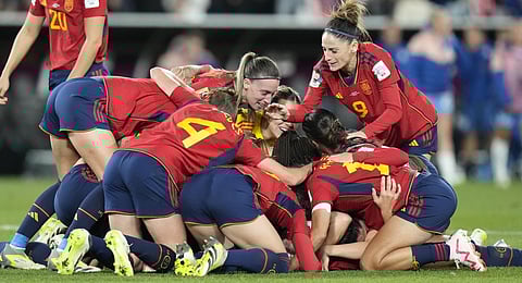 Spain teammates celebrate their victory over England in their final of Women's World Cup soccer between Spain and England.(Photo | PTI)