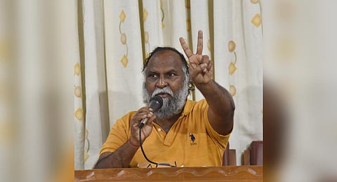 Congress working president T Jagga Reddy gestures while speaking to the press in Hyderabad on Saturday