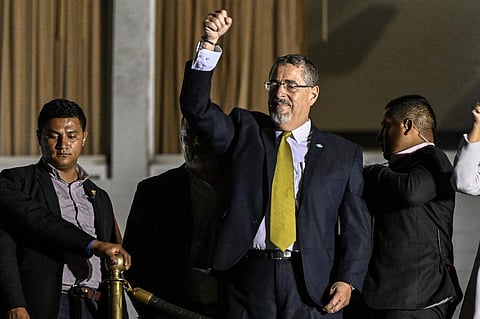 Guatemalan presidential candidate for the Semilla party, Bernardo Arevalo, celebrates the results of the presidential run-off election in Guatemala City, on August 20, 2023. (Photo | AFP)