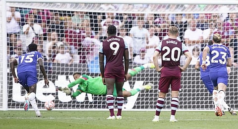 West Ham's goalkeeper Alphonse Areola saves a penalty kicked by Chelsea's Enzo Fernandez. (Photo | AP)