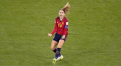 Spain's Olga Carmona celebrates after scoring a goal during the Women's World Cup final. (Photo | AP)