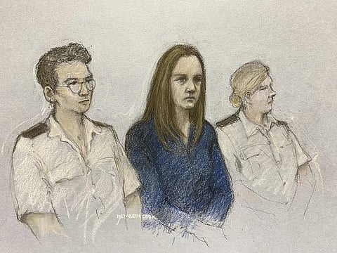 This court artist drawing by Elizabeth Cook from Aug. 10, 2023 shows of nurse Lucy Letby at Manchester Crown Court in Manchester, England. (Photo | AP)
