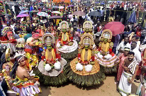 Various art forms and tableaus,depicting Keralas rich cultural heritage were displayed at theAthachamayam procession in Tripunithura on Sunday. (Photo | A Sanesh)