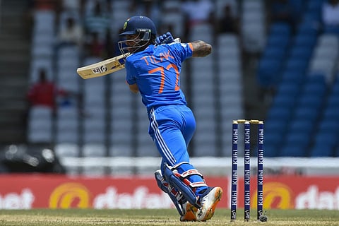 Tilak Varma of India hits 4 during the first T20I match between West Indies and India at Brian Lara Cricket Academy in Tarouba, Trinidad and Tobago, on August 3, 2023. (Photo | AFP)