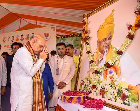 Union Home Minister & Minister of Cooperation Amit Shah pays tributes to Kalyan Singh on his 'punyatithi', in Aligarh, Monday, Aug 21, 2023 (PTI)