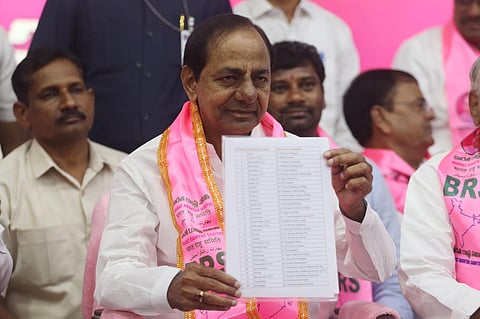 Telangana CM and BRS Supremo K Chandrasekhar Rao releases the first list of candidates ahead of the Telangana Assemby Elections at BRS party office in Hyderabad. (Photo | Sri Loganathan Velmurugan)