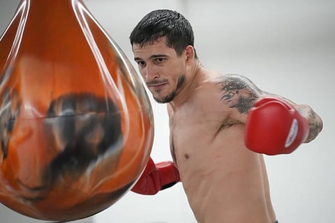 Biaggio Ali Walsh hits a punching bag while training ahead of his return to the Professional Fighters League, July 24, 2023, in New York. (Photo | AP)