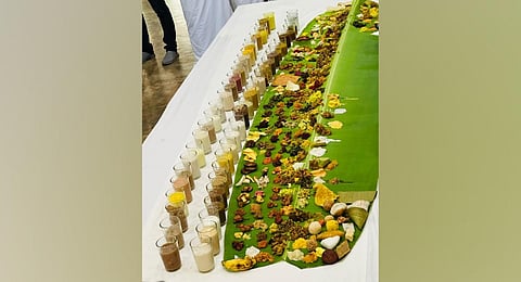 Scrumptious Onasadya with 321 dishes prepared by students and teachers of Christ College, Irinjalakuda, on Monday. (Photo | Express)