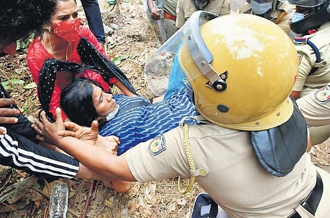 A scene from the anti-SilverLine protest that erupted in Madappally near Changanassery in Kottayam . (Photo | Express)