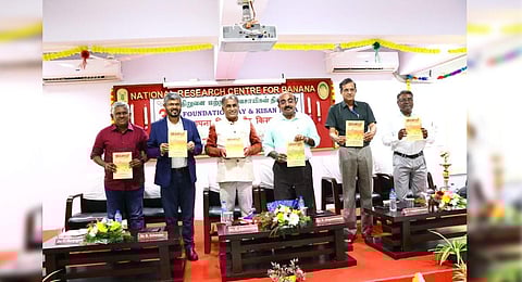 Dr R Selvarajan, Director of NRCB , Chief Guest Dr. V. Palanimuthu, Director of the National Institute of Food Technology with others during the ICAR-NRCB 30th foundation day. ( Photo, EPS)