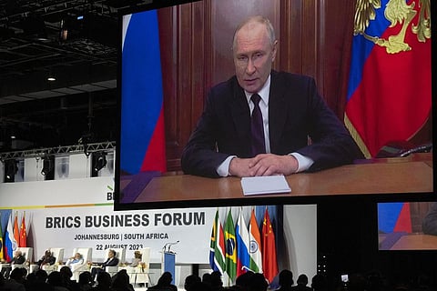 Russian President Vladimir Putin addresses leaders from the BRICS group of emerging economies at the start of a three-day summit in Johannesburg, South Africa , Aug. 22, 2023. (Photo | AP)