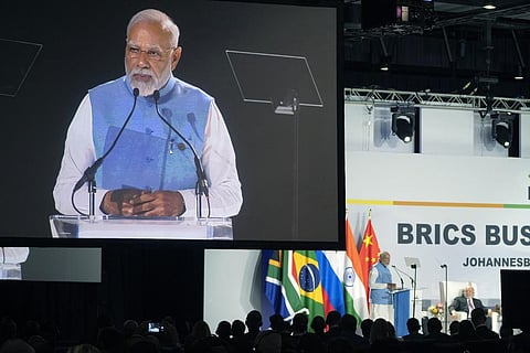 Prime Minister Narendra Modi addresses leaders from the BRICS group of emerging economies at the start of a three-day summit in Johannesburg, South Africa, Tuesday, Aug. 22, 2023. (Photo | AP)