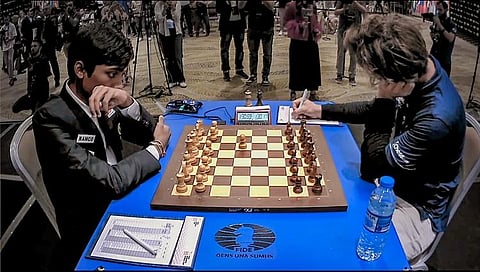 R Praggnanandhaa in action during the FIDE Chess World Cup 2023.
