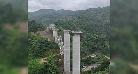 An under-construction railway bridge collapsed near Sairang, Mizoram, August 23, 2023. (Photo | Express)