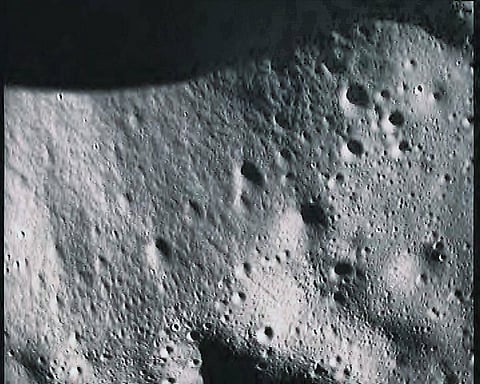 FILE - A closer view of the moon's surface taken by the moon impact probe as it approached after separating from the Chandrayaan-1's spacecraft, Nov 15, 2008. (Photo | PTI)