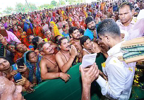 5T secretary VK Pandian at a public meeting in Khurda. (Photo | Express)