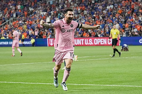 Inter Miami forward Lionel Messi celebrates after a game-tying goal in the 90th minute from teammate Leonardo Campana. (Photo | AP)