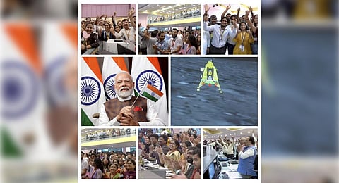 PM Narendra Modi waves the Indian flag while watching the telecast of Chandrayaan-3's successful soft landing on the Moon's surface through video conferencing, Aug. 23, 2023. (Photo | PTI)