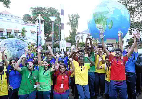 Students celebrating the successful Moon land of Chandrayaan 3 at Kerala Science and Technology museum in Thiruvananthapuram. (Photo | Vincent Pulickal)