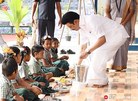 CM inaugurated the expansion of breakfast scheme at Panchayat Union Middle school in Thirukkuvalai (Photo | Twitter)