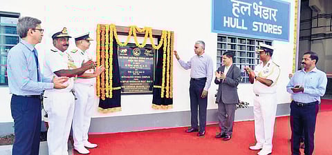 Defence secretary Giridhar Aramane unveils the GSL Integrated Stores Complex. (Photo | Express)