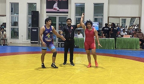 Divya Kakran after winning the 76kg World Championships selection trials on August 25, 2023.