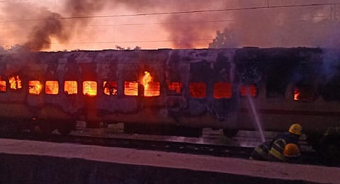 A massive blaze in a stationary coach in Madurai, Aug, 25, 2023, killed ten passengers. (Photo | Special arrangement )