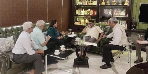 Biocon founder Kiran Mazumdar Shaw with Bengaluru Development Minister DK Shivakumar at his Sadashivanagar residence | Twitter