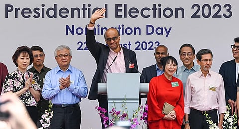 Presidential candidate Tharman Shanmugaratnam waves after a speech at the nomination centre for the presidential election in Singapore on August 22, 2023. (Photo | AFP)