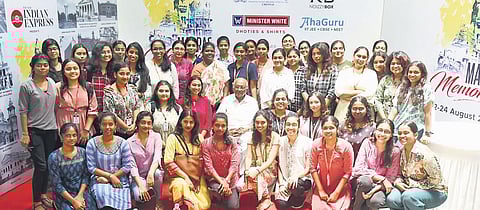 Students of MOP Vaishnav College for Women with veteran director Muthuraman at the AVM Heritage Museum| P Ravikumar