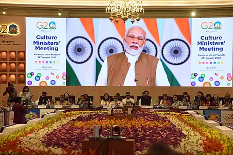 PM Modi delivers a virtual address at the G20 Culture Ministers' Meeting in Varanasi, Aug 26, 2023. (Photo | Express)