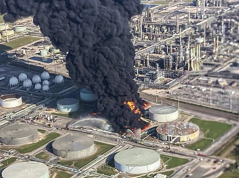 Smoke billows from a tank fire at the Marathom Petroleum facility in Garyville, La, Aug 25, 2023. (Photo | AP)