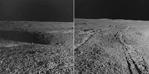 A combo of two photos shows a crator (L) that the Chandrayaan-3 Rover Pragyan encountered on Aug. 27, 2023, and the path (R) retraced by it on the lunar surface. (Photo | PTI)