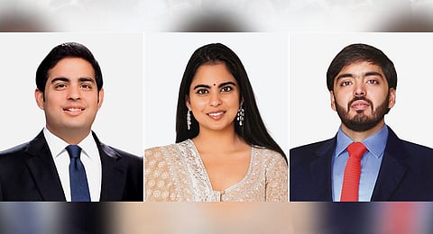Reliance Industries Chairman Mukesh Ambani and Nita Ambani's children, (L to R) Akash, Isha and Anant Ambani. (Photo | PTI)